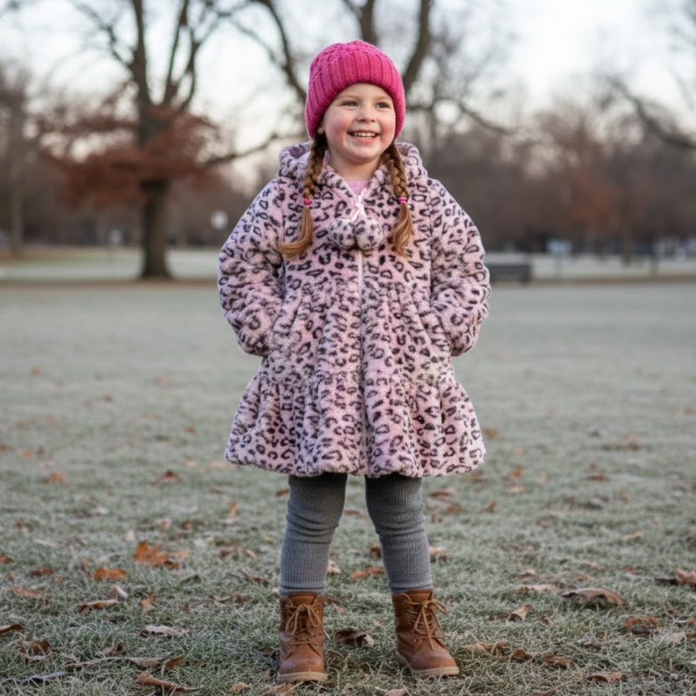 American WidgeonGirls Pink & Grey Animal Print Fleece Coat Hooded Zip Up 4T